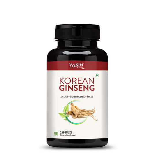 Bottle of Korean Ginseng supplement with Vokin Biotech label on a white background