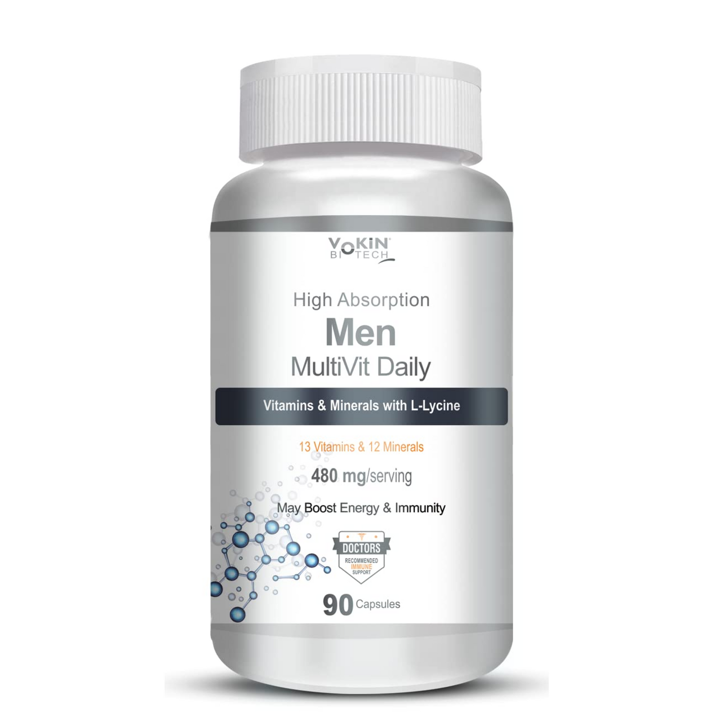 Multivitamin bottle for men with white label on a white background