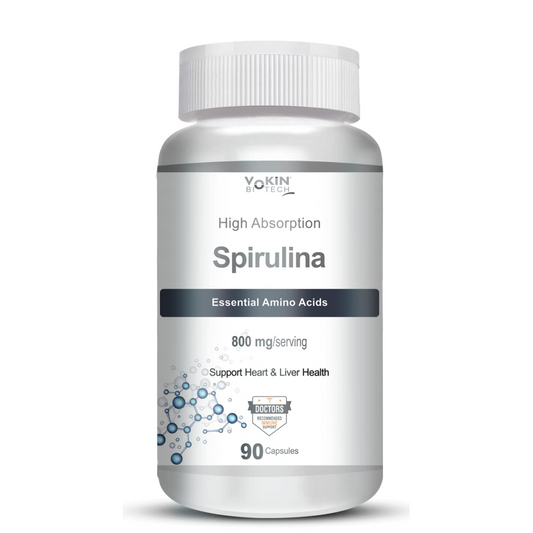 Bottle of Spirulina supplement with white label on a white background
