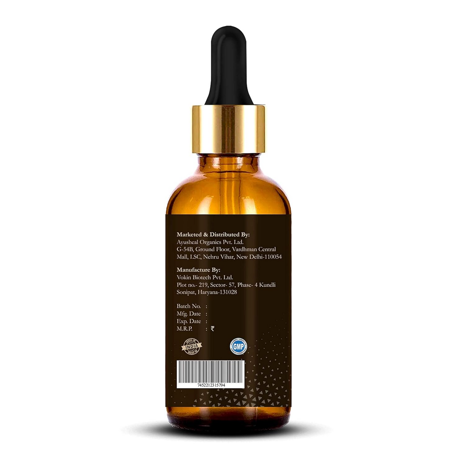 Brown glass dropper bottle with black cap on a white background