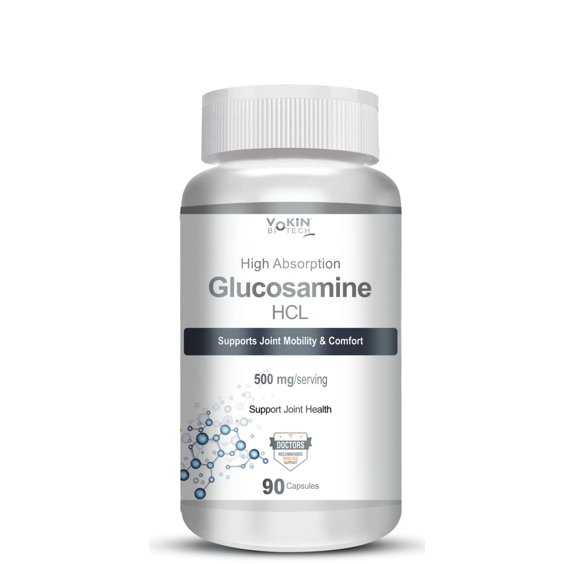 Bottle of Yokin Glucosamine HCL supplement on a white background