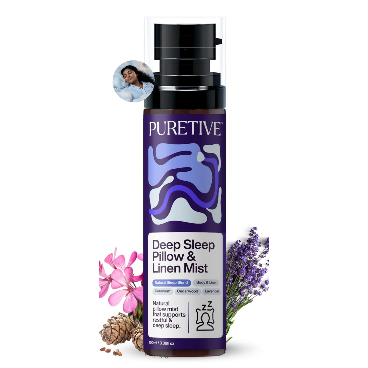 Puretive Deep Sleep Pillow & Linen Mist bottle with lavender and flower elements on a white background