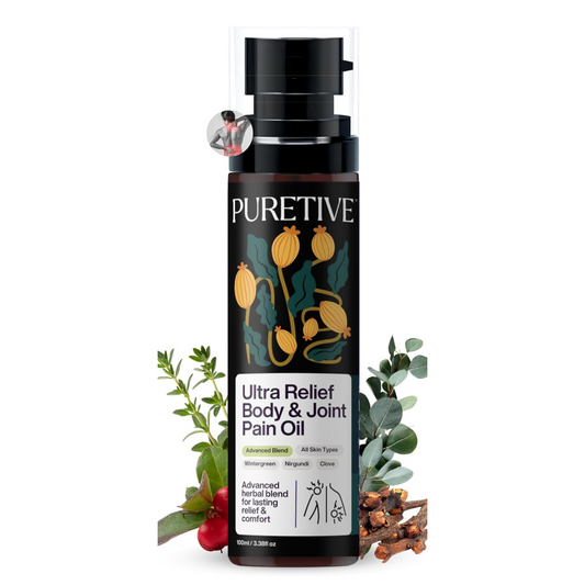 Puretive Ultra Relief Body & Joint Pain Oil bottle with natural elements on a white background