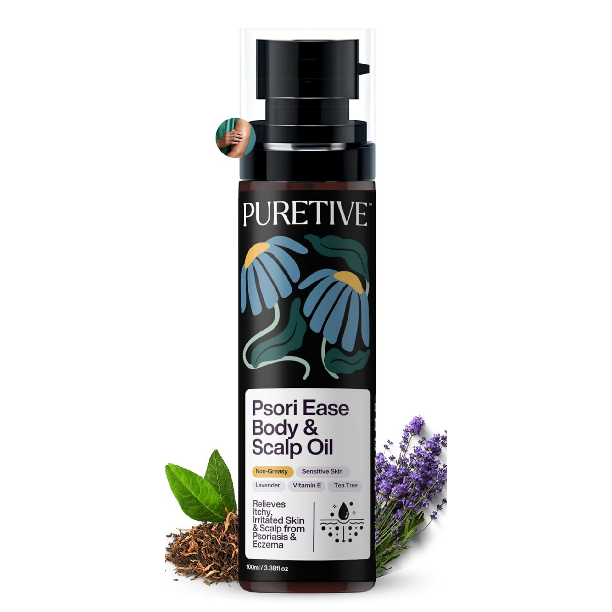 PURETIVE Psori Ease Body & Scalp Oil bottle with natural elements on a white background