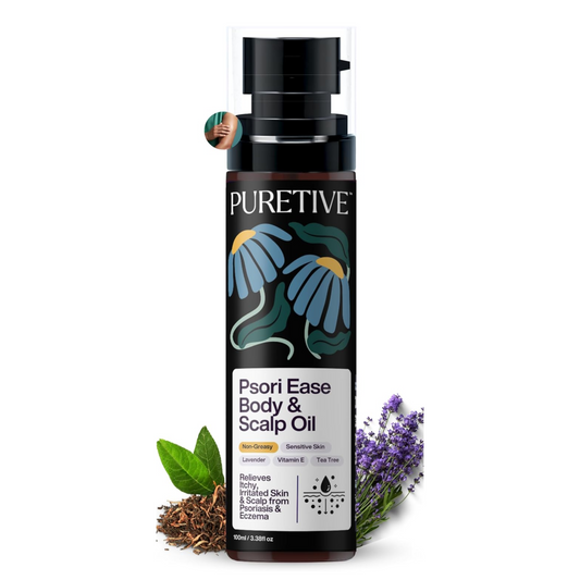 PURETIVE Psori Ease Body & Scalp Oil bottle with natural elements on a white background
