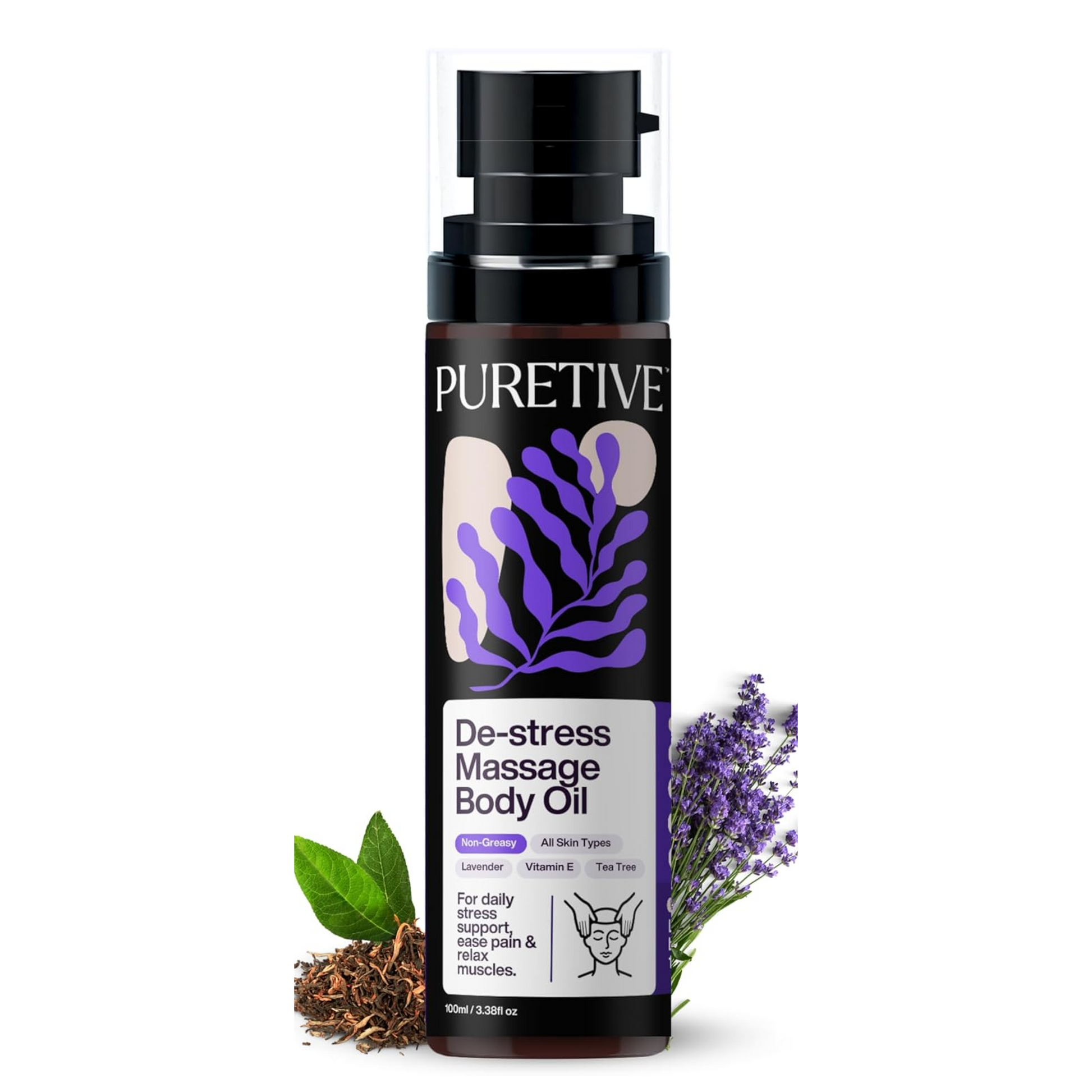 Puretive de-stress massage body oil bottle with lavender and eucalyptus leaves on a white background