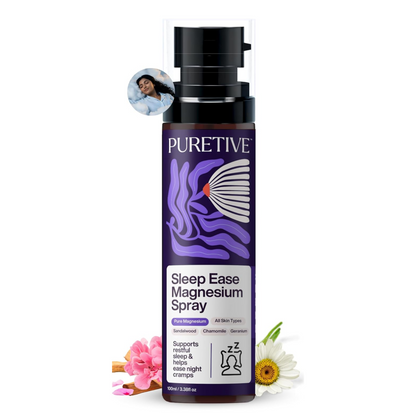 Puretive Sleep Ease Magnesium Spray bottle on a white background with decorative elements.