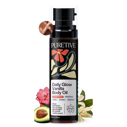Puretive Daily Glow Vanilla Body Oil bottle with avocado and flower graphics on a white background