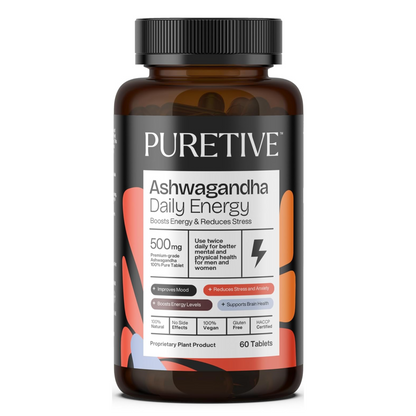 Brown supplement bottle labeled 'PURETIVE Ashwagandha Daily Energy' on a white background