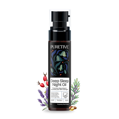 PURETIVE Deep Sleep Night Oil bottle with botanical elements on a white background