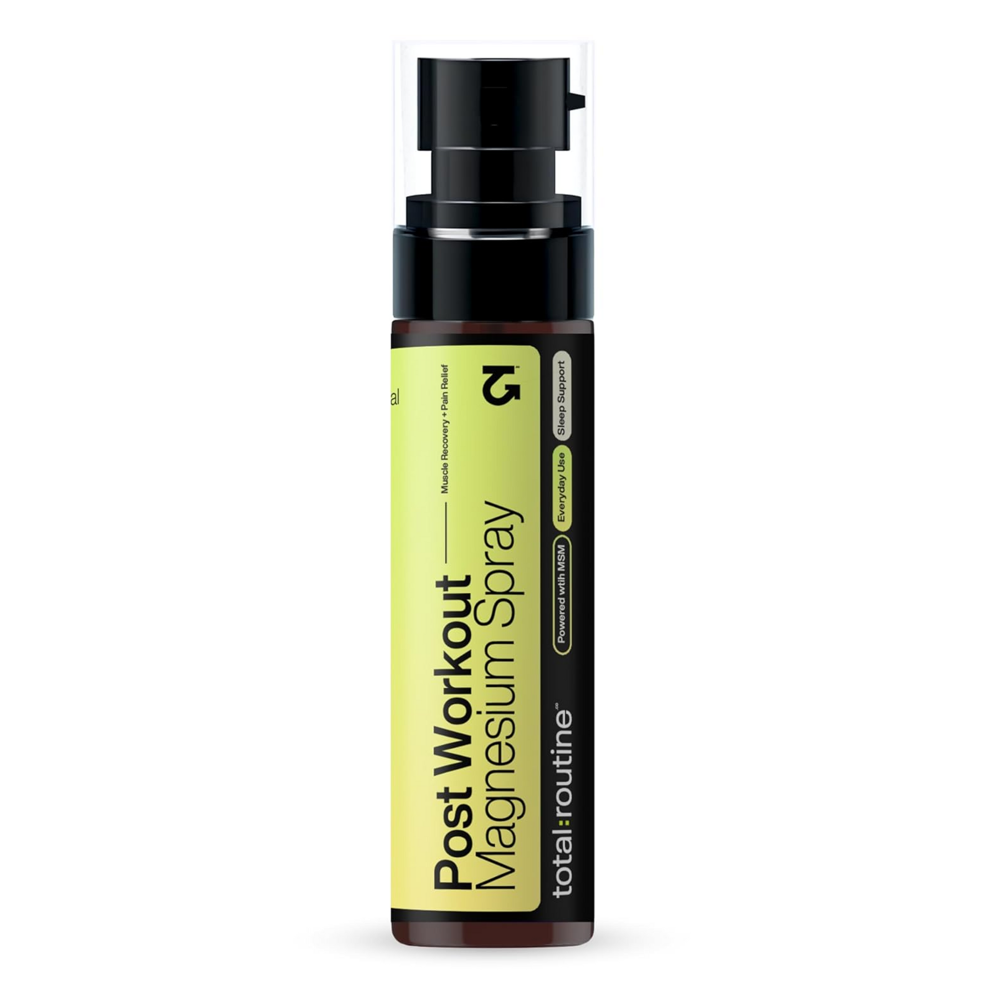 Bottle of total routine Post Workout Magnesium Spray on a white background