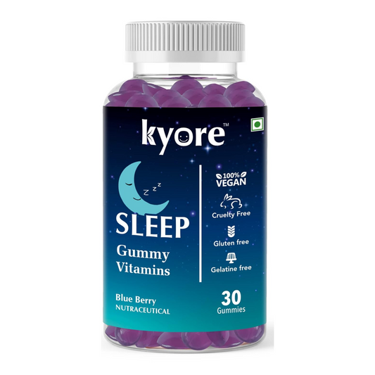 Bottle of kyore Sleep Gummy Vitamins with blue label and purple gummies on a white background