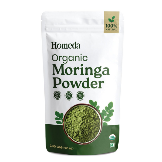Homeda Organic Moringa Powder packaging on a white background