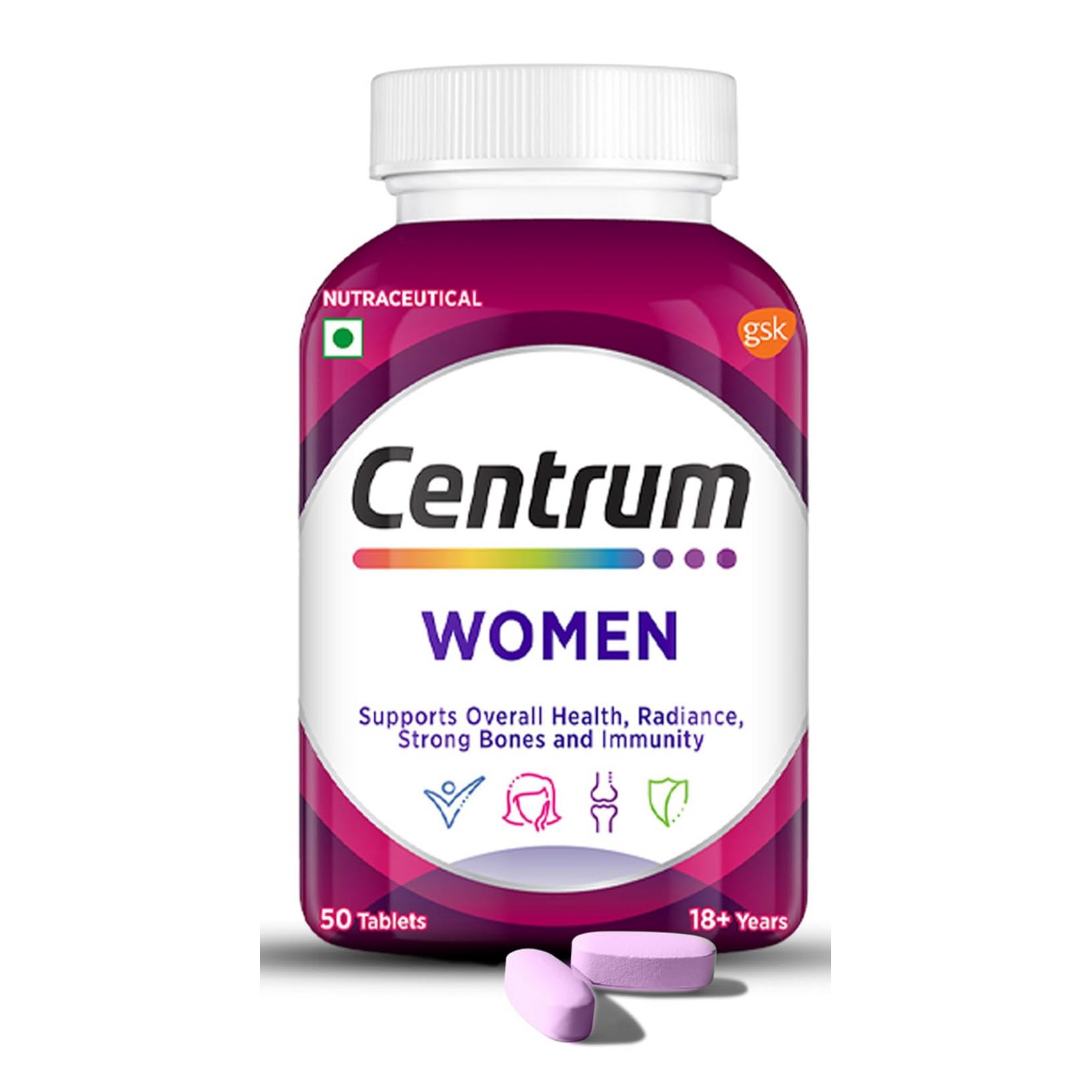 Centrum Women's multivitamin bottle with pink label on a white background