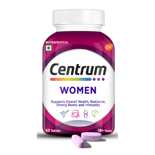 Centrum Women's multivitamin bottle with pink label on a white background