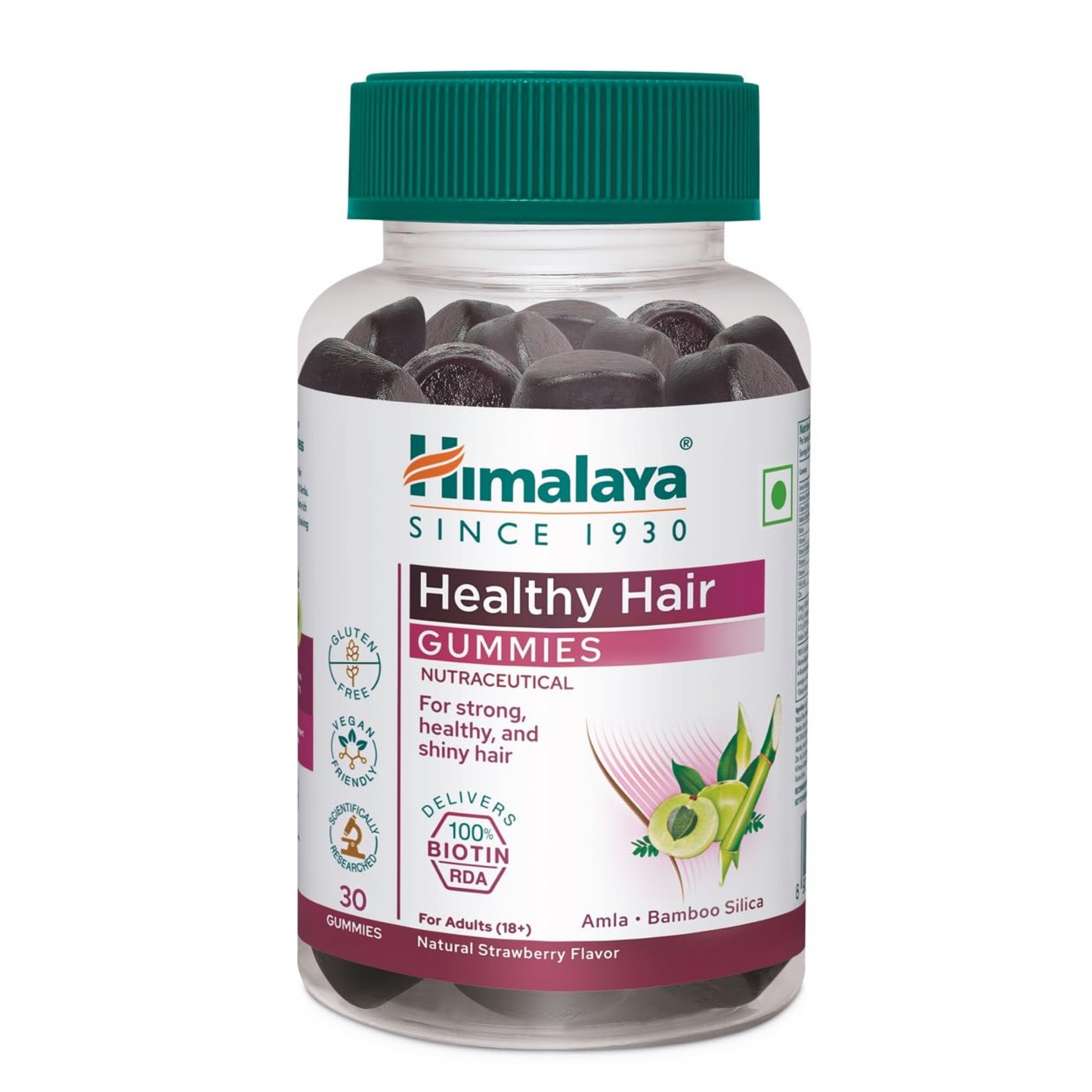 Bottle of Himalaya Healthy Hair Gummies on a white background