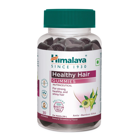 Bottle of Himalaya Healthy Hair Gummies on a white background
