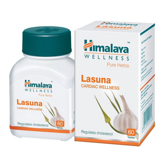 Himalaya Wellness Lasuna cardiac wellness supplement bottle and packaging on a white background