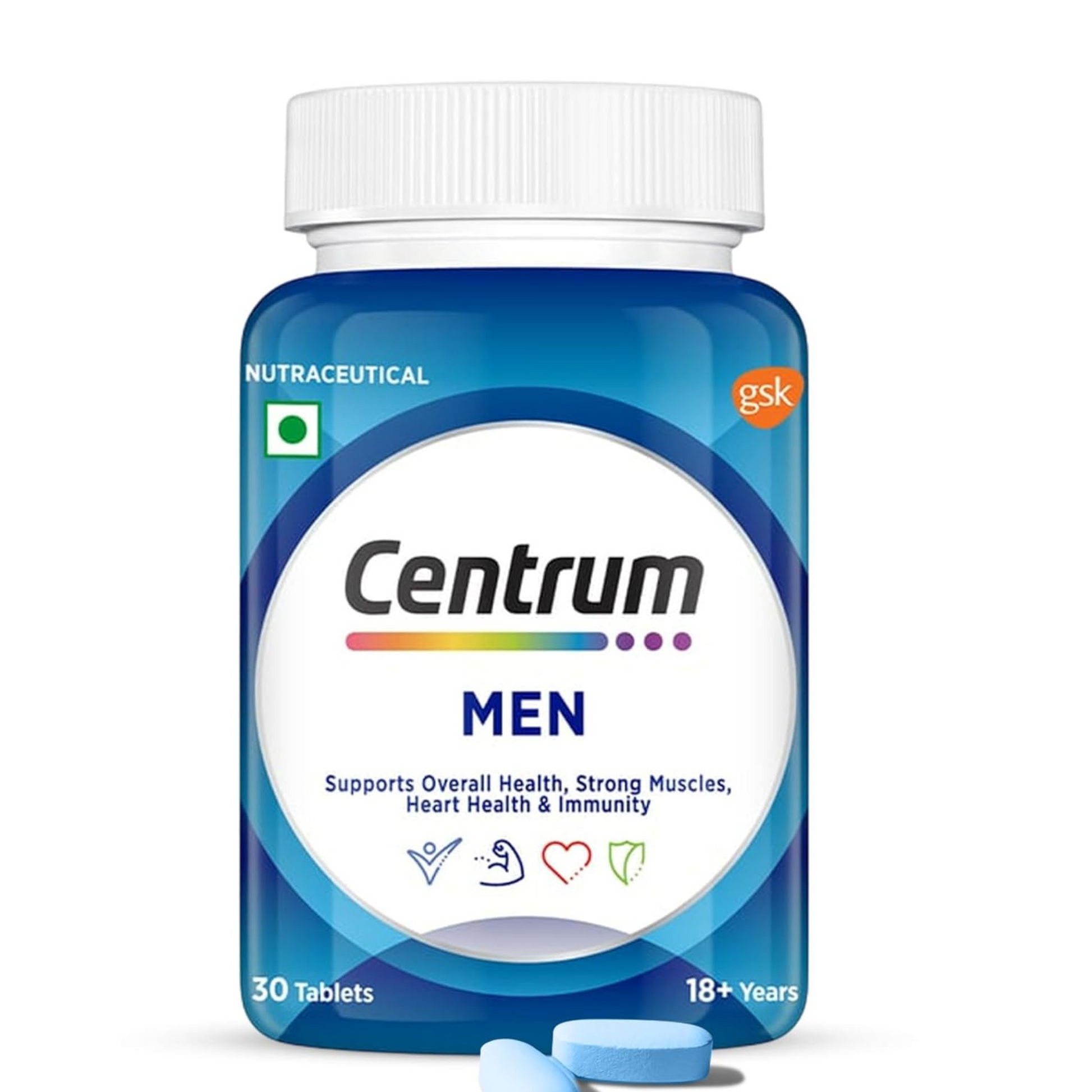 Centrum Men supplement bottle with blue and white design on a white background