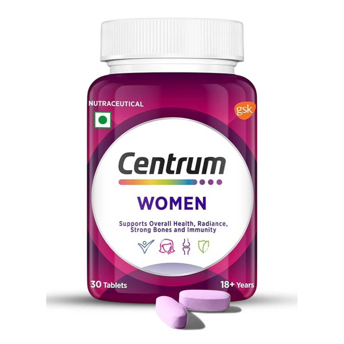 Centrum Women's multivitamin bottle with purple label on a white background