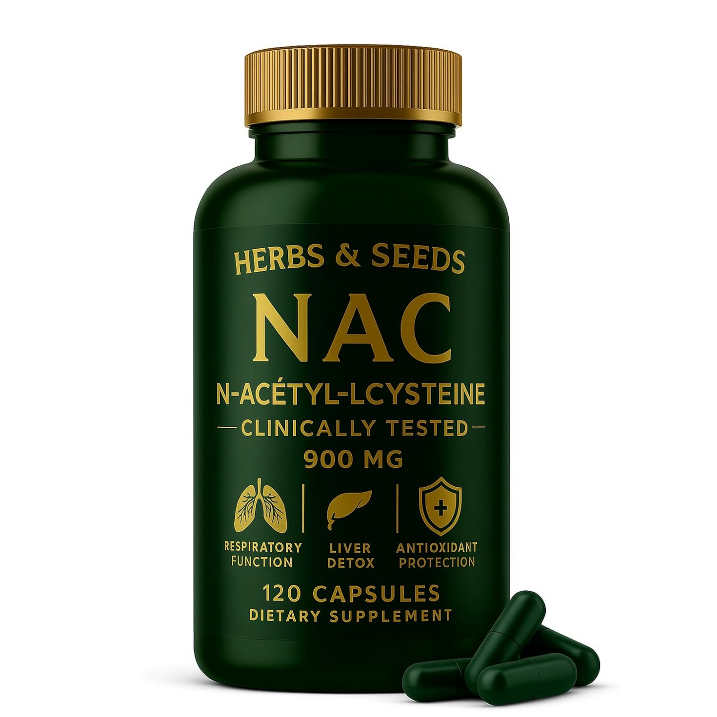 Herbs & Seeds NAC supplement bottle with capsules on a white background