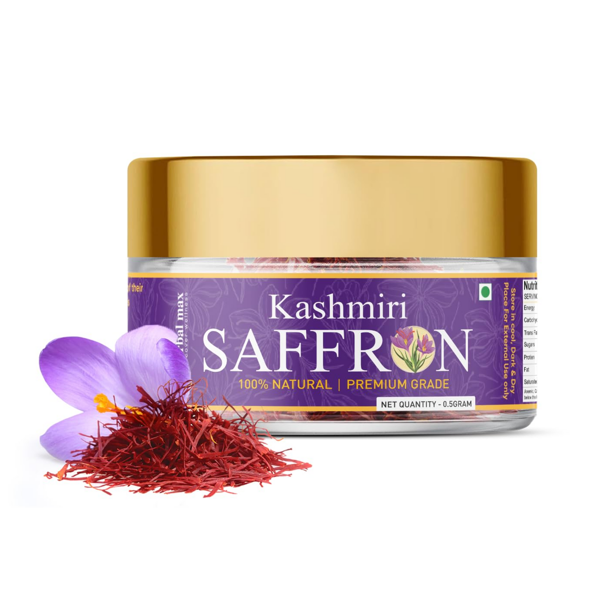 Jar of Kashmiri Saffron with saffron strands and a flower on a white background