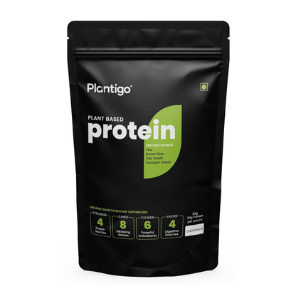 Black package of Plantigo plant-based protein on a white background