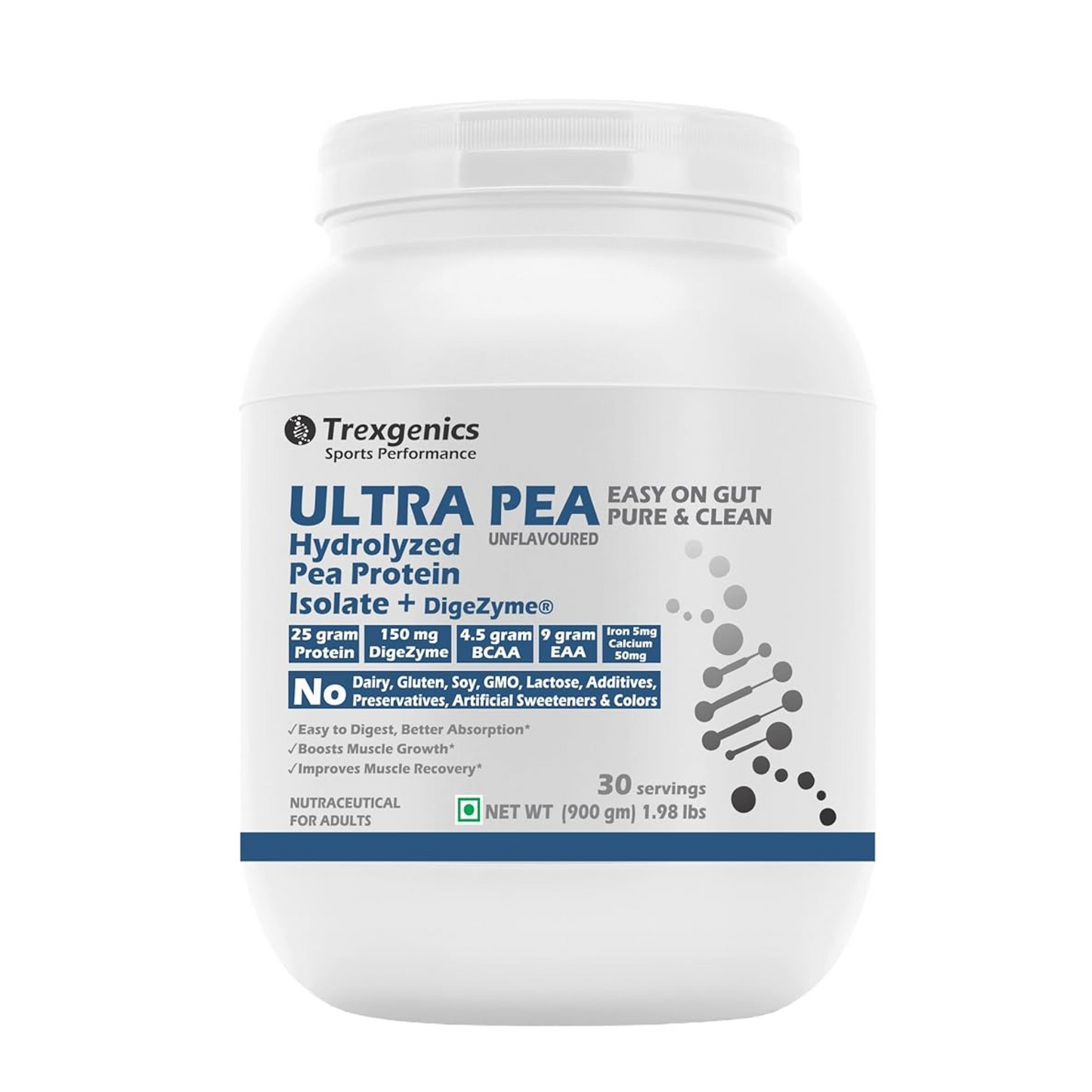 Trexgenics ULTRA PEA Hydrolyzed Pea Protein ISOLATE UNFLAVOURED, 30 Servings, Easy on Gut, Pure & Clean 25gm PROTEIN, 4.5 gm BCAA, 9 gm EAA with DigeZyme Digestive enzyme Complex, Muscle Growth (900 gram)