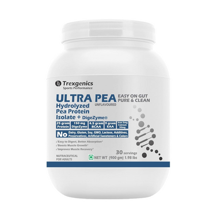 Trexgenics ULTRA PEA Hydrolyzed Pea Protein ISOLATE UNFLAVOURED, 30 Servings, Easy on Gut, Pure & Clean 25gm PROTEIN, 4.5 gm BCAA, 9 gm EAA with DigeZyme Digestive enzyme Complex, Muscle Growth (900 gram)