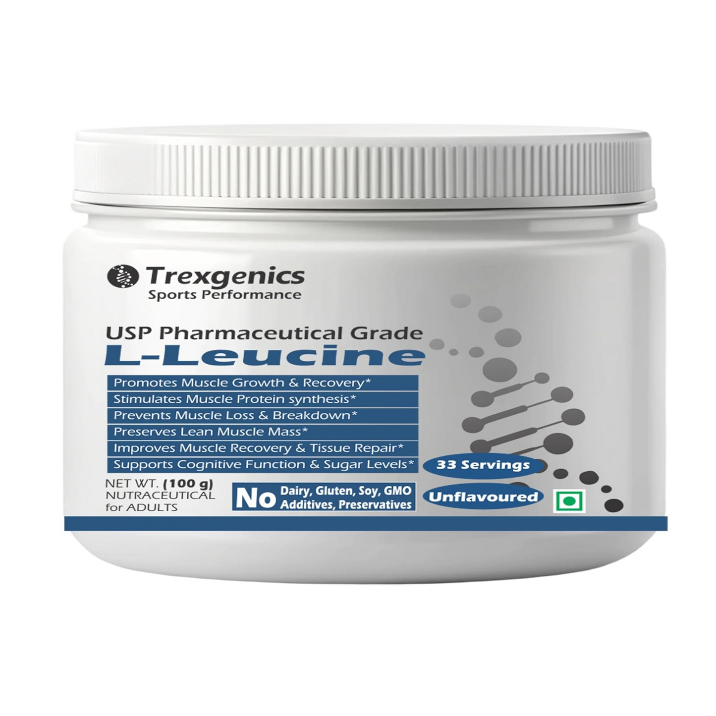 Trexgenics L-LEUCINE PHARMACEUTICAL USP grade 33 Servings, Unflavoured Pure Powder Recovery, Muscle Preservation, Muscle Growth (100 gram)