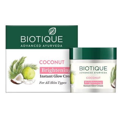 Biotique Coconut Brightening Instant Glow Cream | Lightweight and Non-Greasy | Reduces Dark Spots and Protects Ageing | Nourished and Moisturized Skin 75ml