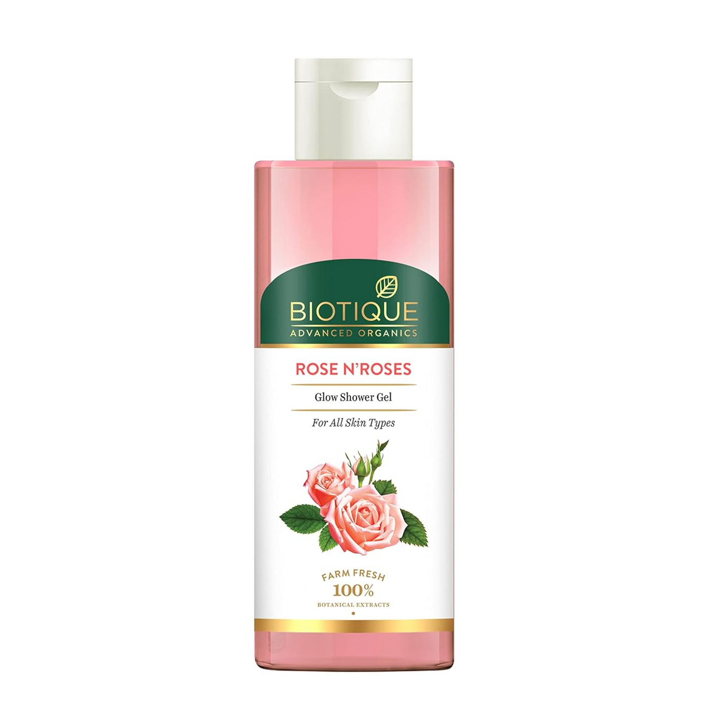 Biotique Rose N'Roses shower gel bottle on a white background