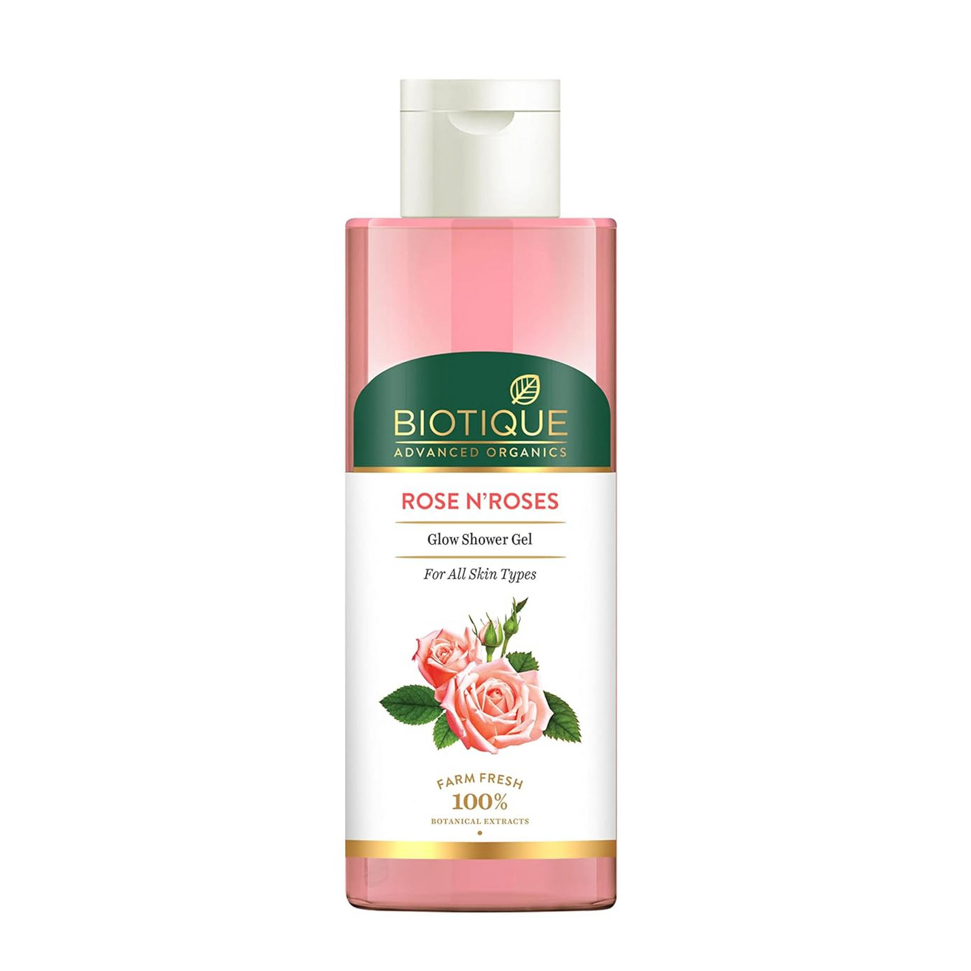 Biotique Rose N'Roses shower gel bottle on a white background
