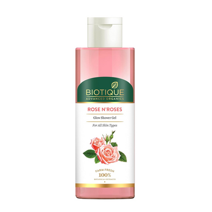Biotique Rose N'Roses shower gel bottle on a white background