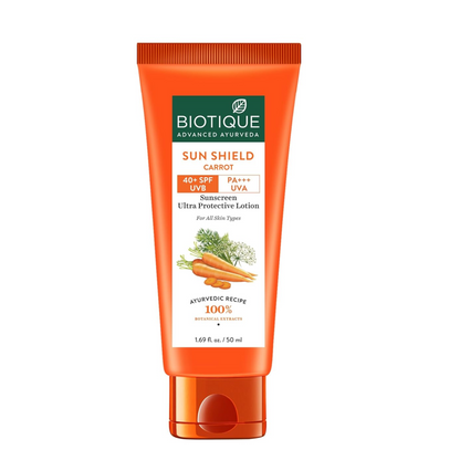 Biotique Bio Carrot Face & Body Sun Lotion | SPF 40 UVA/UVB Sunscreen | Prevents Ageing and Soothes Dry Skin| 100% Botanical Extracts | Suitable for All Skin Types | 50ml