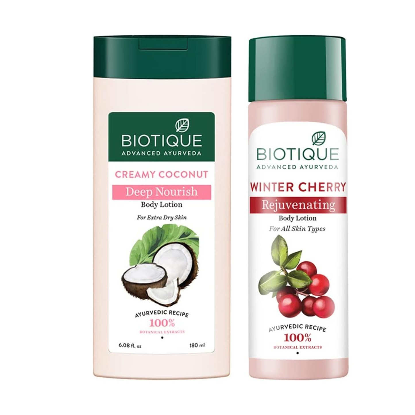 Biotique Bio Creamy Coconut Ultra-Rich Body Lotion For Extra Dry Skin, 180ml & Bio Wintercherry Lightening & Rejuvenating Body Nourisher, 190ml