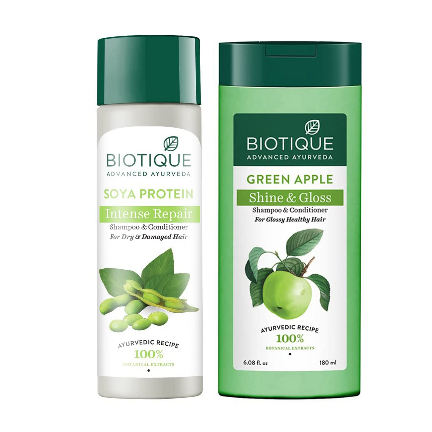Biotique Bio Green Apple Fresh Daily Purifying Shampoo and Conditioner for Oily Scalp and Hair, 180m & Biotique Bio Soya Protein Fresh Nourishing Shampoo, 190ml