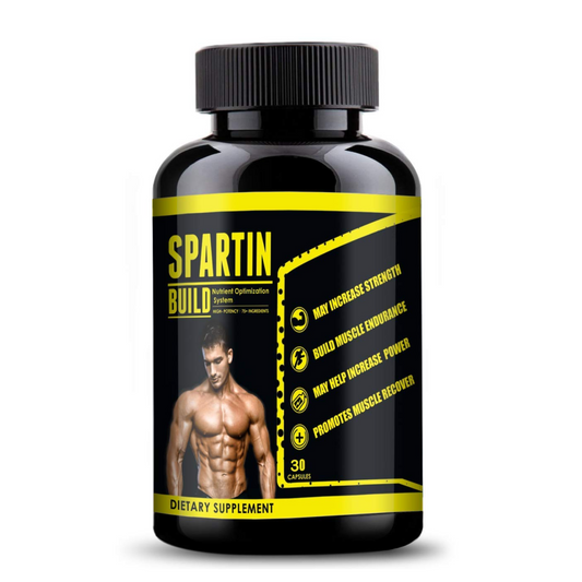 Spartin Build dietary supplement bottle with black and yellow label on a white background