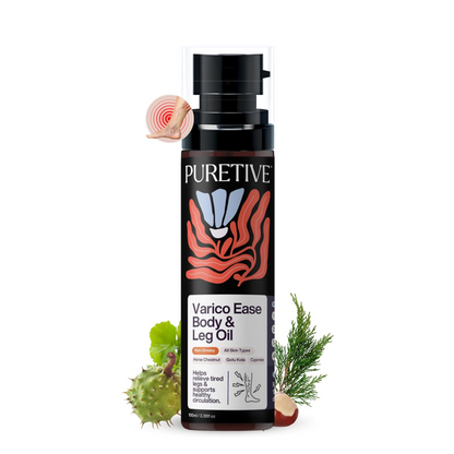PURETIVE Varico Ease Body & Leg Oil bottle with botanical elements on a white background