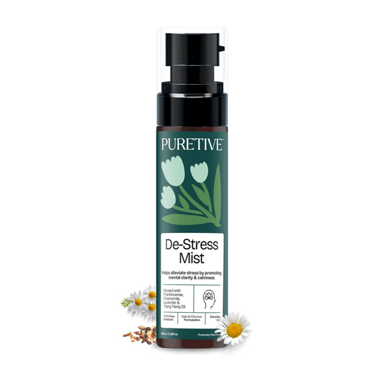 PURETIVE De-Stress Mist bottle with floral design on a white background