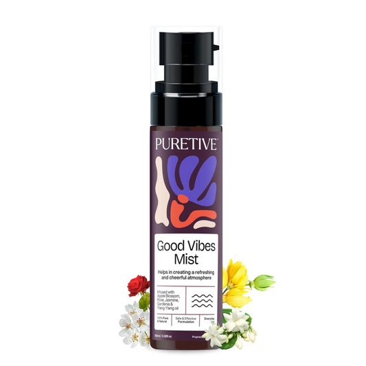 PURETIVE Good Vibes Mist bottle with floral illustrations on a white background