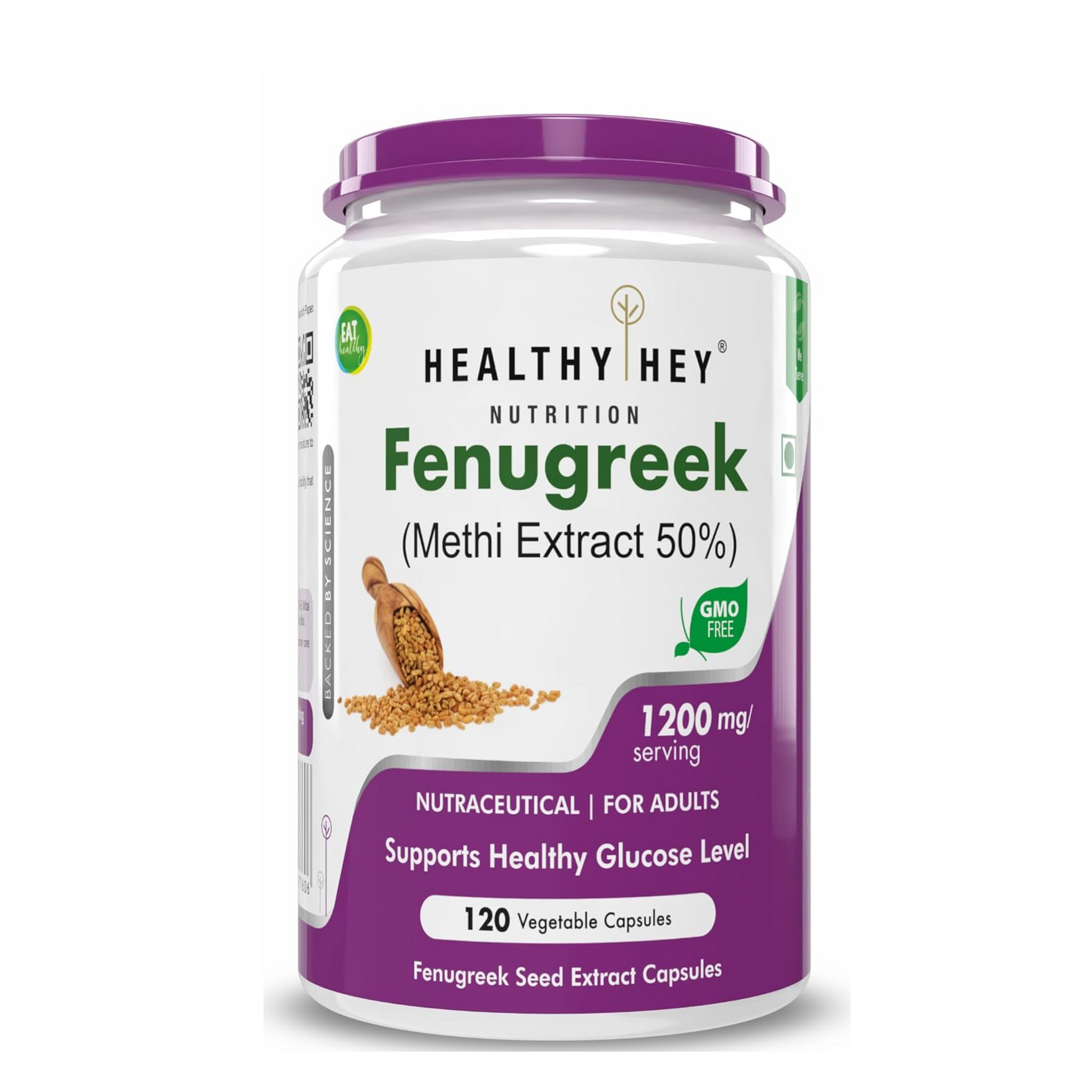 Fenugreek supplement container with 'Healthy Hey' branding on a white background