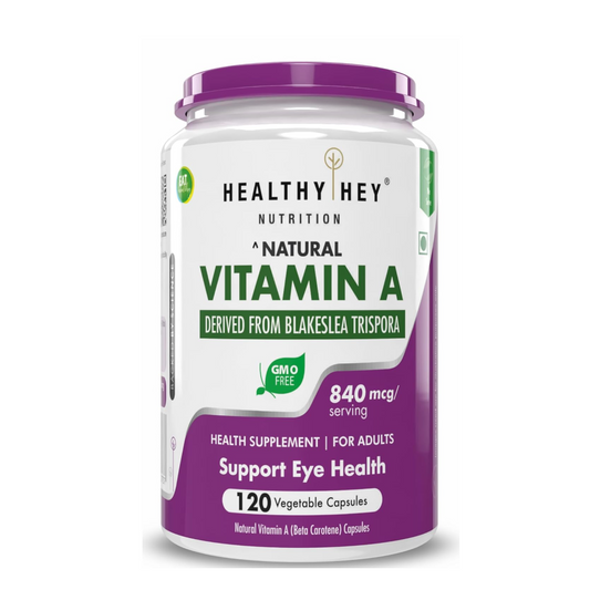 Vitamin A supplement container with 'Healthy Hey Nutrition' branding on a white background