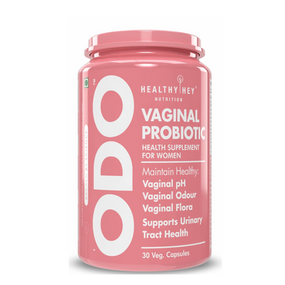 Pink container of vaginal probiotic supplement with 'Healthy Hey Nutrition' branding on a white background.