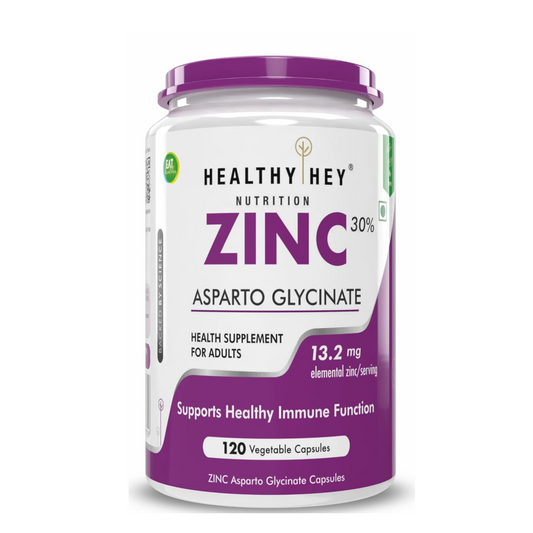 Supplement container labeled 'Healthy Hey Nutrition Zinc Asparto Glycinate' on a white background