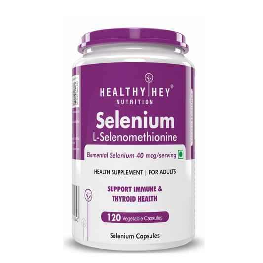 Supplement container labeled 'Healthy Hey Nutrition Selenium' on a white background