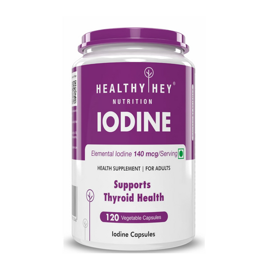 Iodine supplement container with purple and white label on a white background