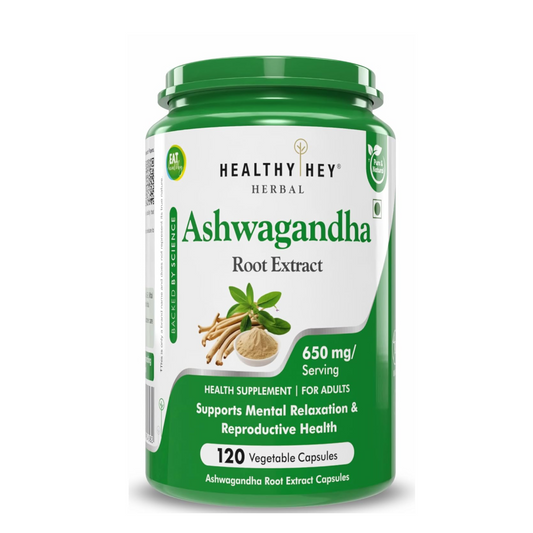 Green and white container of Healthy Hey Ashwagandha Root Extract on a white background