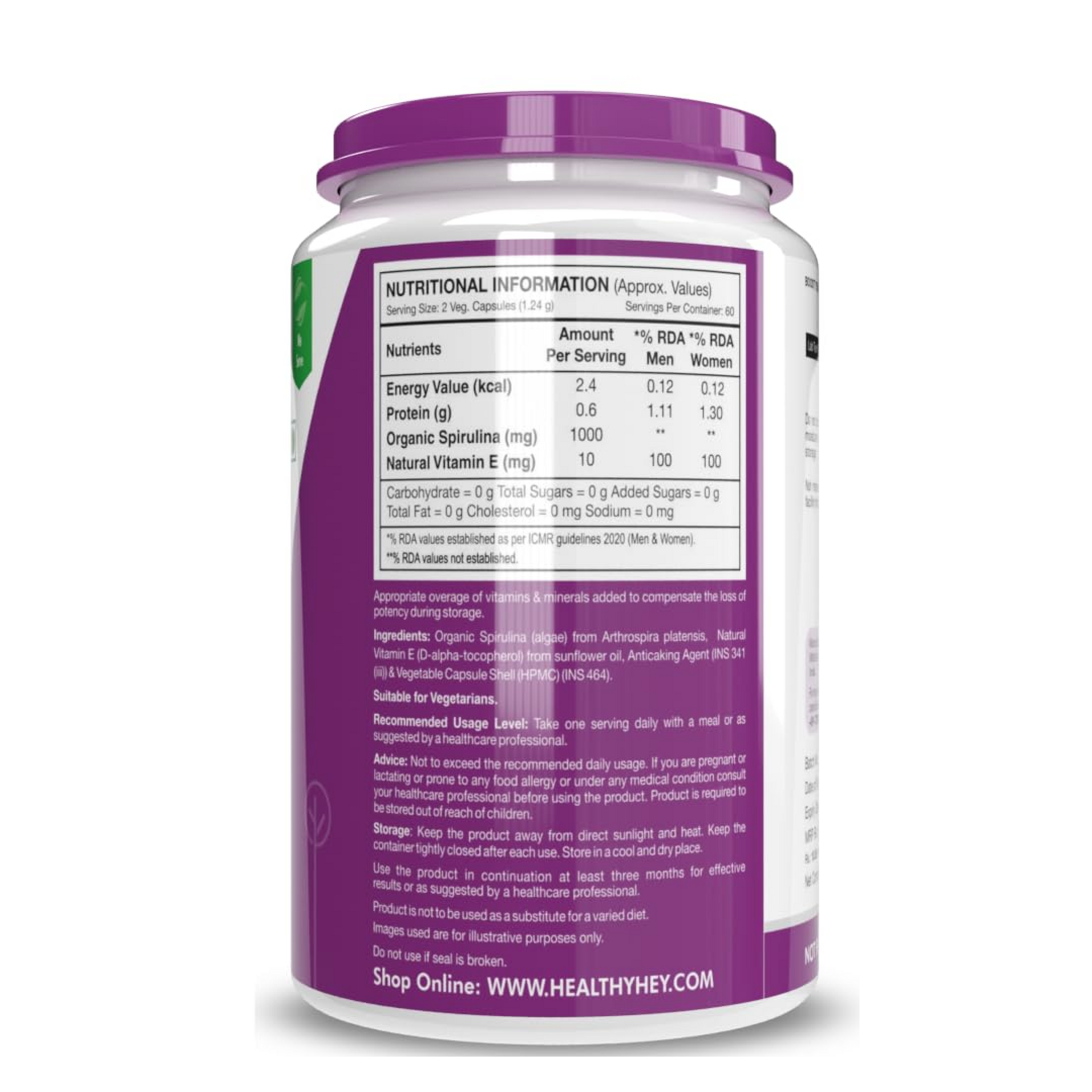 Supplement container with purple lid and label on a white background