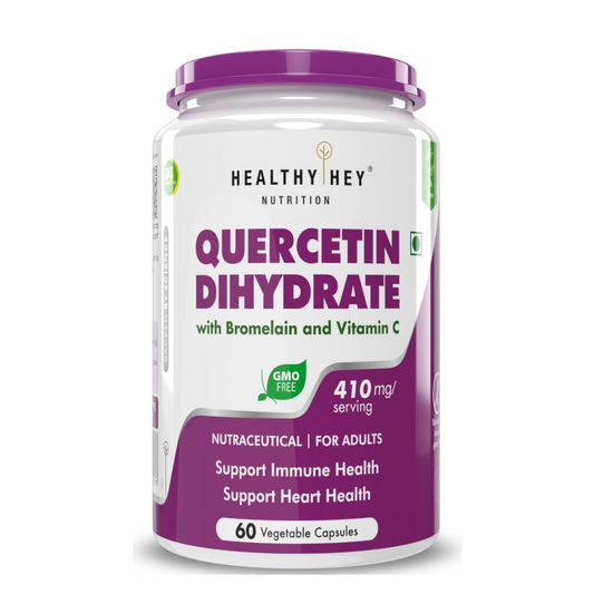 Supplement container labeled 'Quercetin Dihydrate' by Healthy Hey Nutrition on a white background